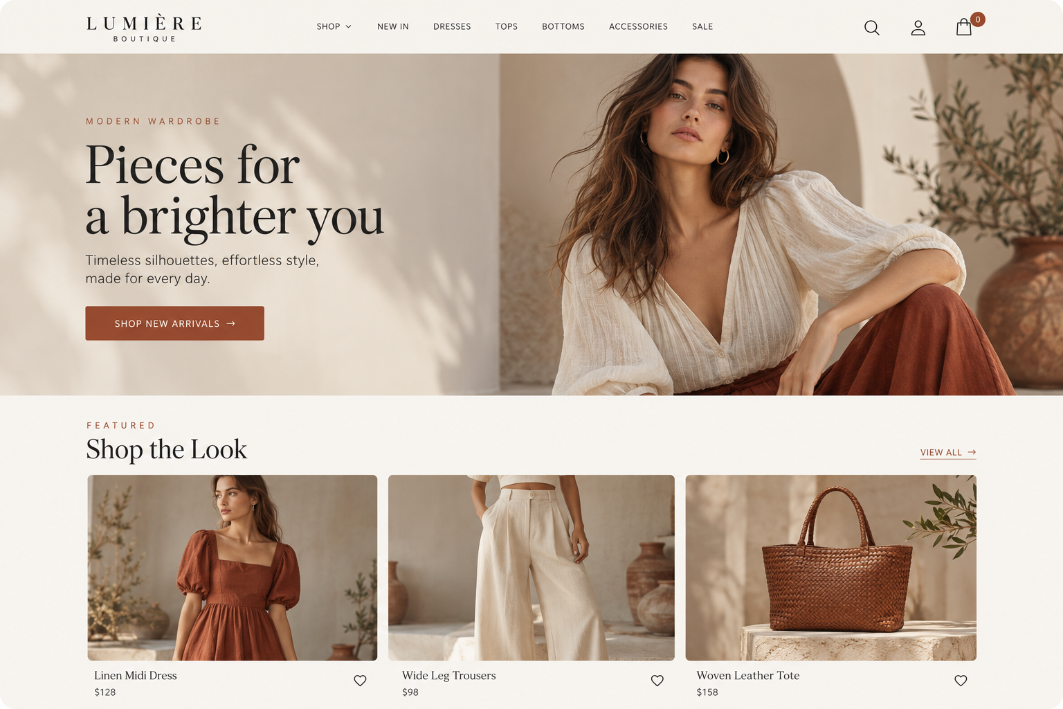 Fashion boutique storefront theme preview with warm editorial photography and featured apparel