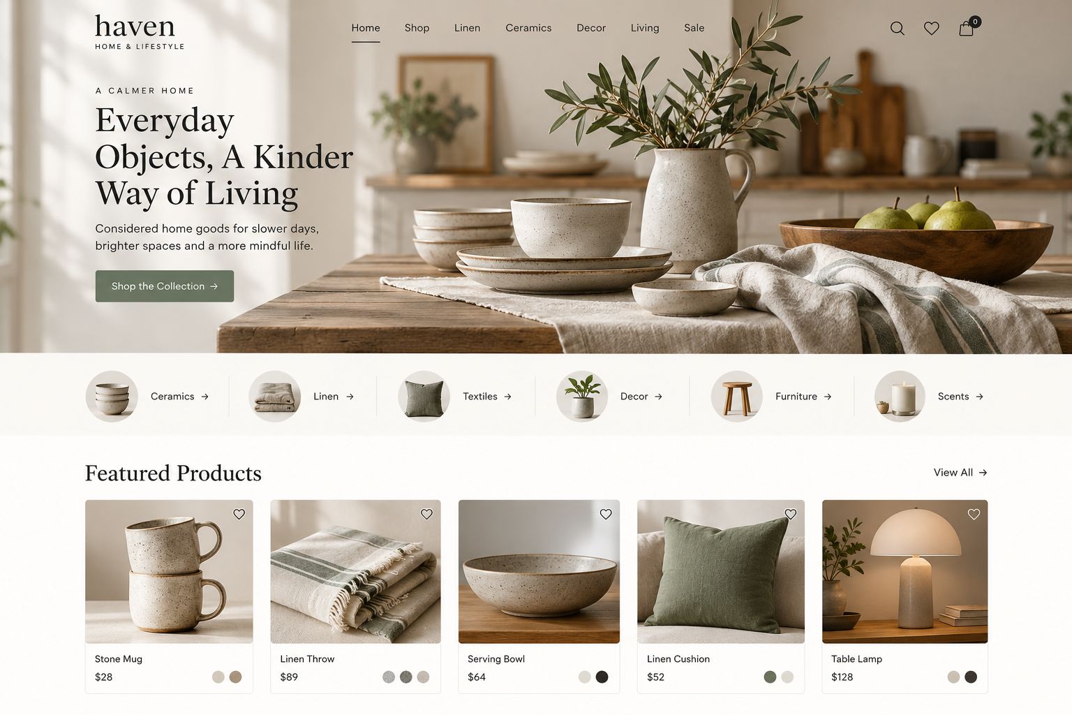 Home and lifestyle storefront theme preview with ceramics, linens, and curated product cards